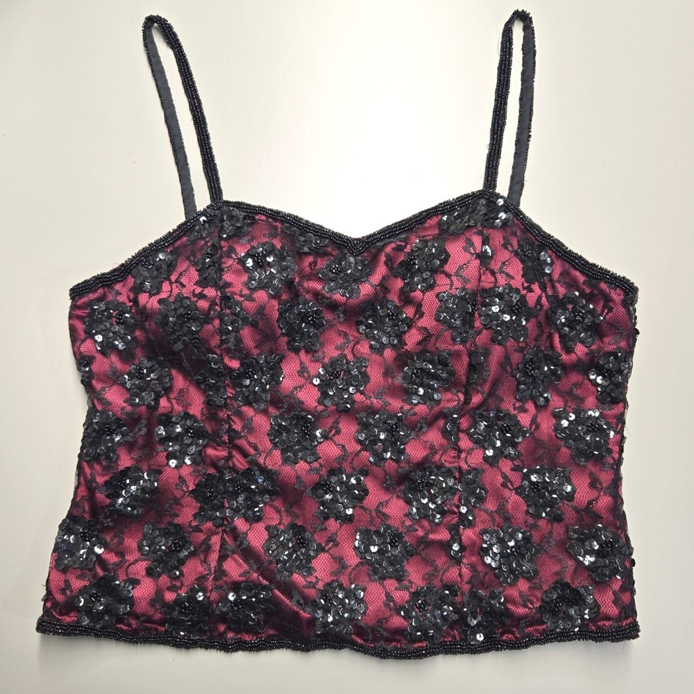 Vintage Y2K Beaded Sequin Lace Corset Style Camisole Large Red Black‎ Whimsigoth